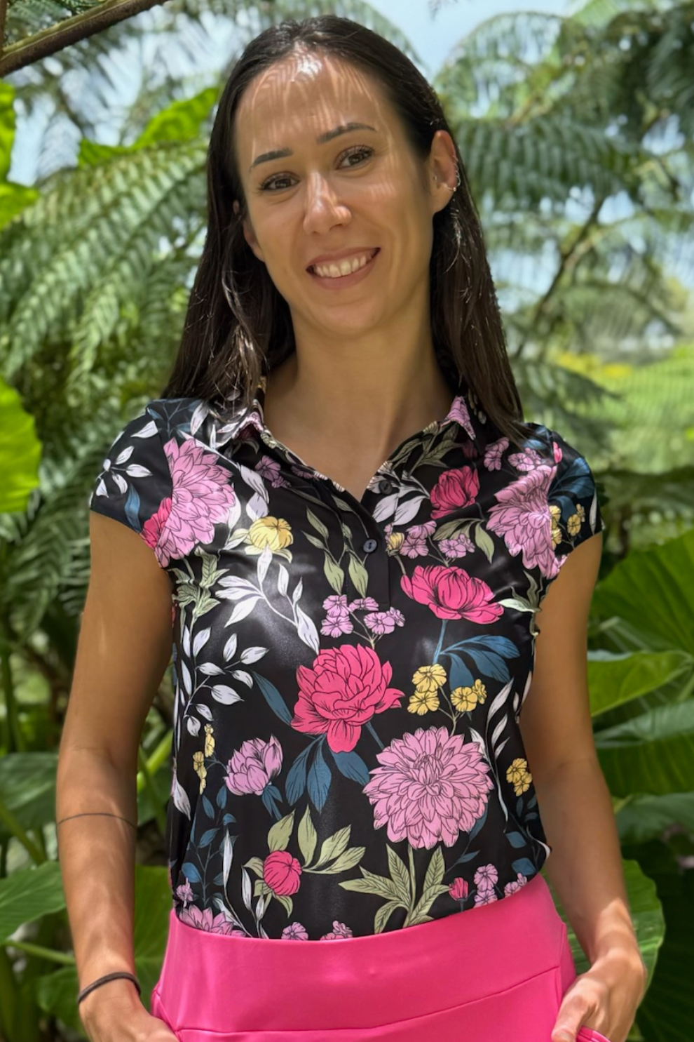 Cap Sleeve Polo - Hot Pink Bloom