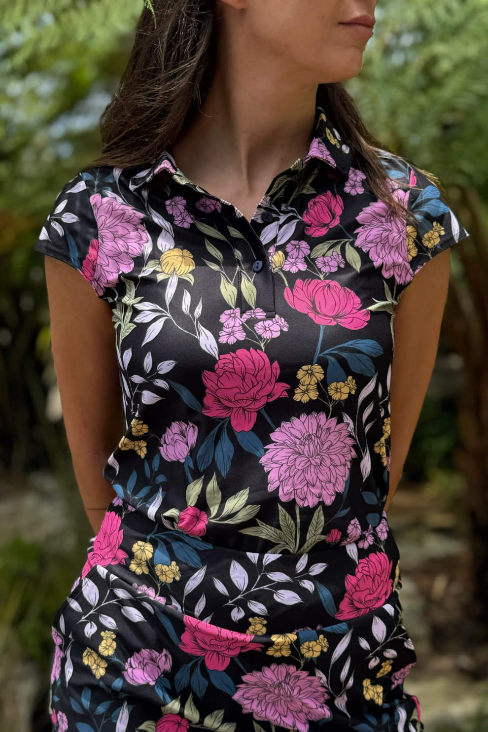 Cap Sleeve Polo - Hot Pink Bloom